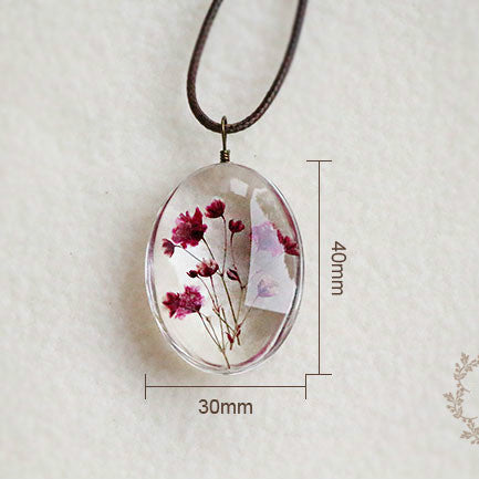 Handmade Dried Flower Glass Necklace Leather Chain Pendant Summer Jewelry