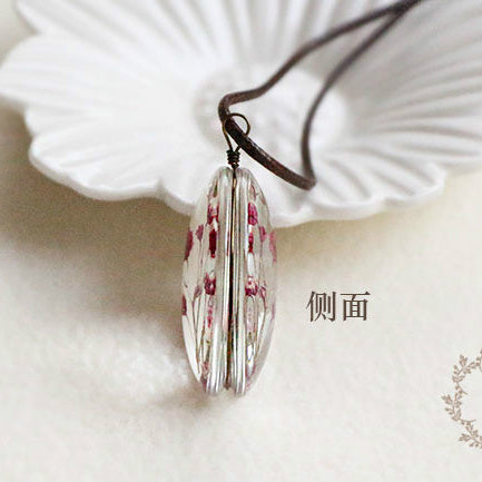 Handmade Dried Flower Glass Necklace Leather Chain Pendant Summer Jewelry