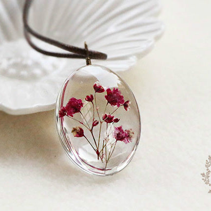Handmade Dried Flower Glass Necklace Leather Chain Pendant Summer Jewelry