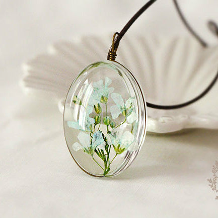 Handmade Dried Flower Glass Necklace Leather Chain Pendant Summer Jewelry