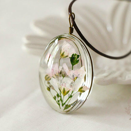 Handmade Dried Flower Glass Necklace Leather Chain Pendant Summer Jewelry