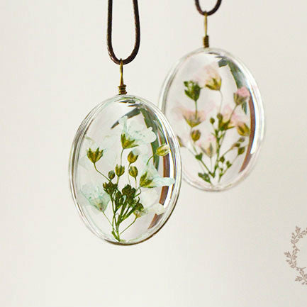 Handmade Dried Flower Glass Necklace Leather Chain Pendant Summer Jewelry